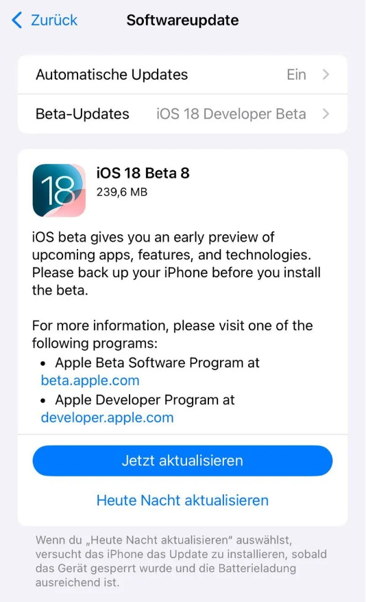 固原苹果手机维修分享苹果 iOS / iPadOS 18 开发者预览版 Beta 8 发布 